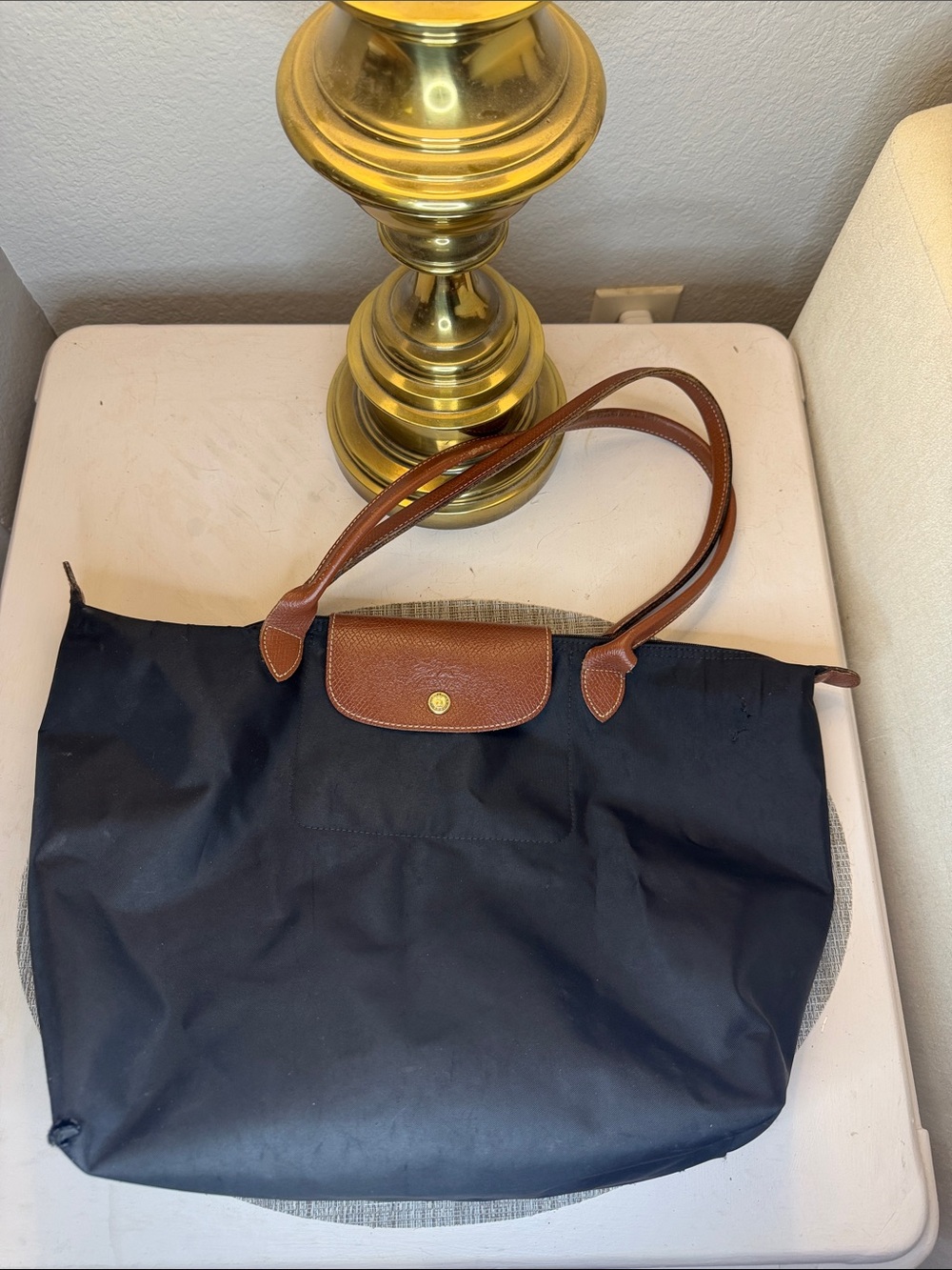 Longchamp Black Tote with Brown Leather Trim
